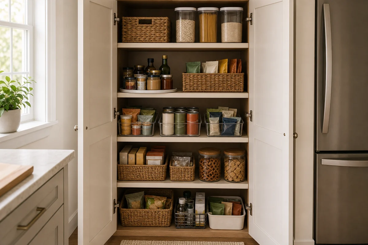A floor-to-ceiling cabinet pantry with both doors open beside a stainless fridge, five shelves zoned by frequency: top with daily grain canisters, second with oils on a marble lazy susan plus a basket of kraft pouches, middle with snack bins and a row of plain cans, fourth with baskets and cookie jars, bottom with refill baskets.