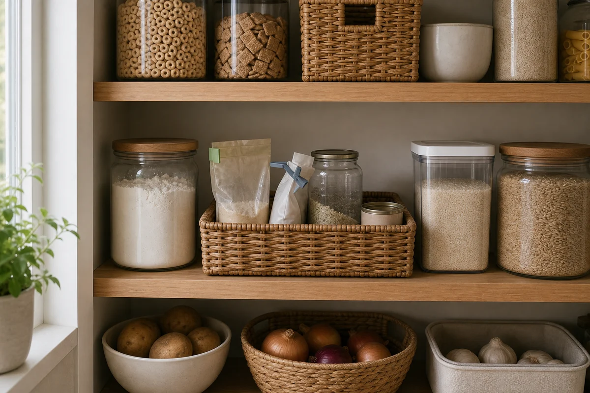 A two-shelf pantry view with clear airtight glass containers holding oats, beans, and grains on top, a small basket of kraft pouches and clear canisters of granola on the middle shelf, and a ceramic bowl of potatoes plus a wicker basket of onions and garlic on the bottom shelf.