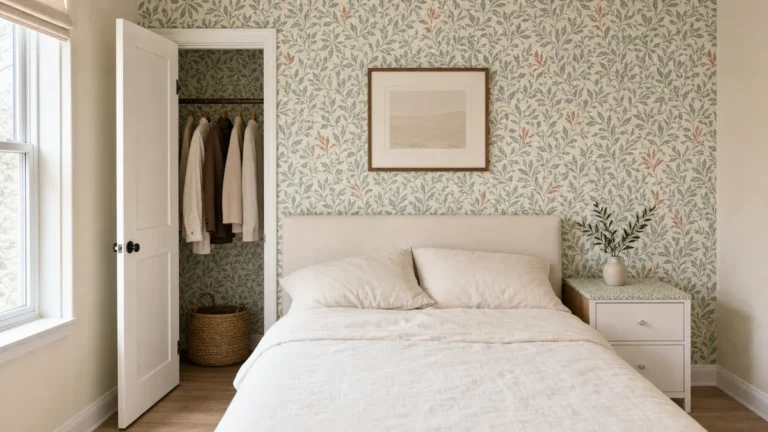 A small US apartment bedroom showing three peel-and-stick wallpaper applications at once — a full headboard wall papered in muted sage botanical leaf pattern, an open closet door at the side revealing matching pattern on the interior back wall, and a white shaker nightstand top refreshed with a small-scale coordinating pattern, cream linen bedding on the bed, soft morning daylight from a window left of the bed