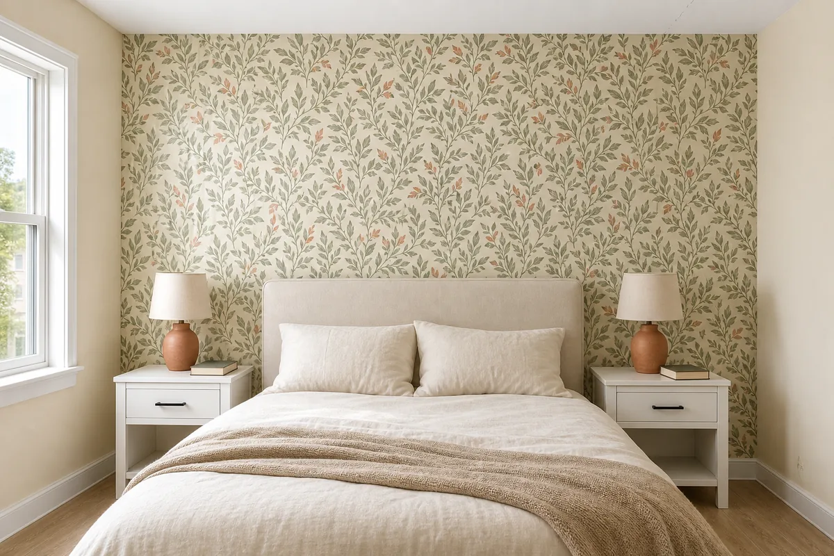 Small US apartment bedroom with full headboard wall papered in muted sage and cream botanical leaf wallpaper, plain cream linen bedding, two white shaker nightstands flanking with cream ceramic table lamps, side walls visibly plain cream paint, light-wood vinyl plank floor