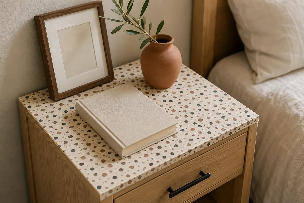 Close detail of refurbished plain natural-wood nightstand top fully papered in terracotta and cream scattered terrazzo dot pattern, sides and drawer front visibly plain unfinished wood, terracotta ceramic vase with olive sprig and walnut-framed art and plain hardcover book on top