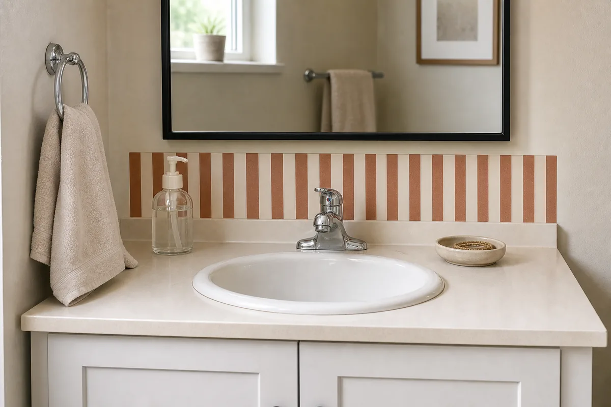 Small US apartment bathroom vanity with narrow 5-inch tall strip of cream and terracotta vertical stripe peel-and-stick wallpaper mounted on the wall directly above the sink, plain ceramic drop-in sink, chrome single-handle faucet, plain rectangular vanity mirror starting at top of strip, folded cream linen hand towel hanging from chrome ring