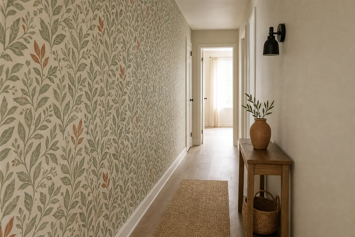 Narrow US apartment hallway viewed from one end looking down the corridor, long left wall fully papered in muted sage and cream botanical leaf wallpaper, opposite right wall plain cream paint, small wood console table with terracotta vase and woven basket on right, matte-black wall sconce, soft daylight from far doorway
