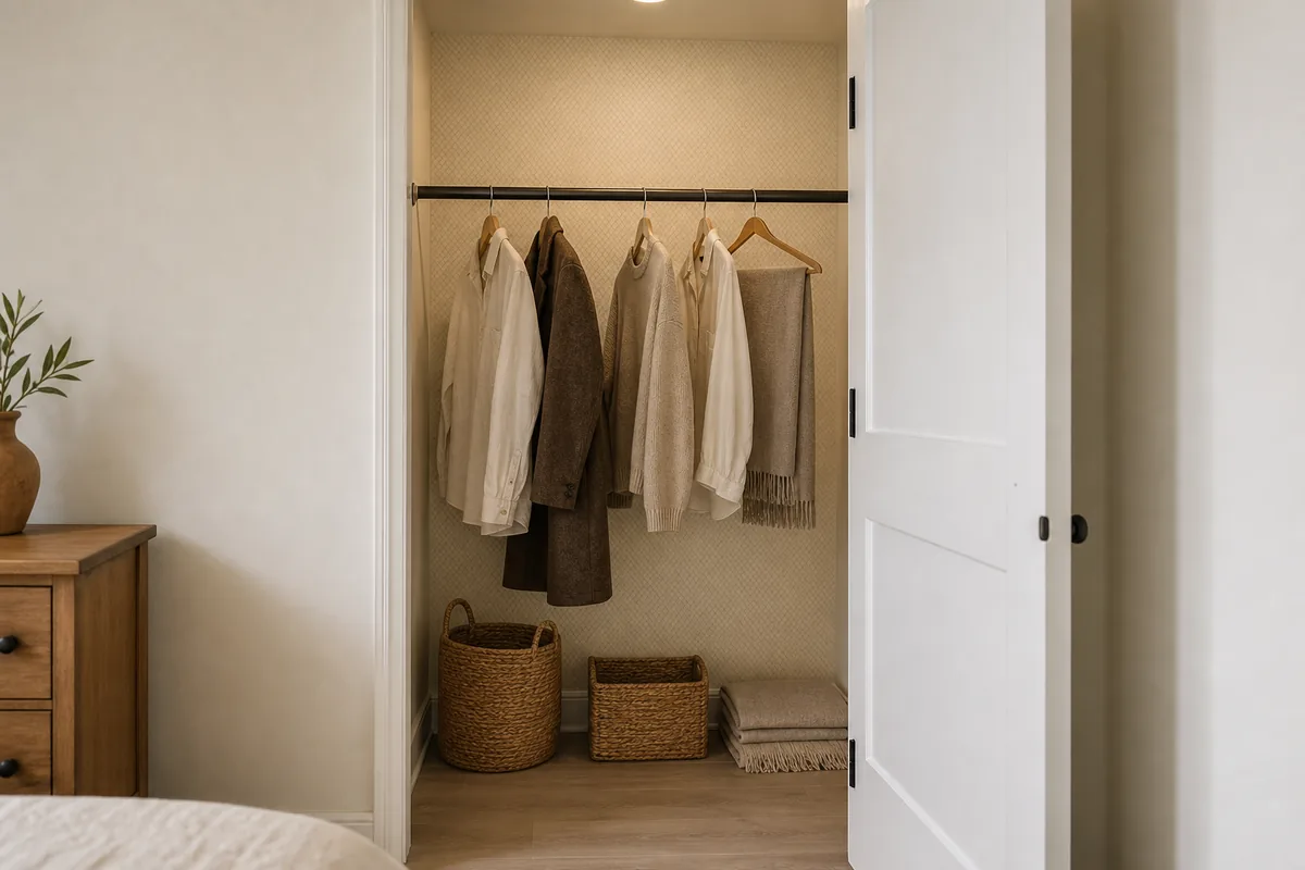 Small US apartment bedroom closet with door open at 110 degrees showing hanging clothes on chrome rod — cream linen, walnut wool coat, oat sweater — two woven seagrass baskets on closet floor, plain cream side walls, subtle low-contrast cream texture wallpaper on back wall intentionally quiet so the clothes stay the focal