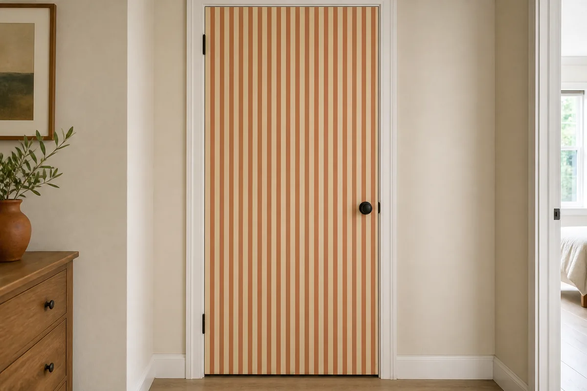 Plain white shaker closet door viewed from the front with the entire front face papered in cream and terracotta vertical stripe peel-and-stick wallpaper, plain matte-black round knob mounted on the wallpapered surface, doorframe trim visibly plain natural wood, cream-painted wall around the door, console table with terracotta vase visible to the left