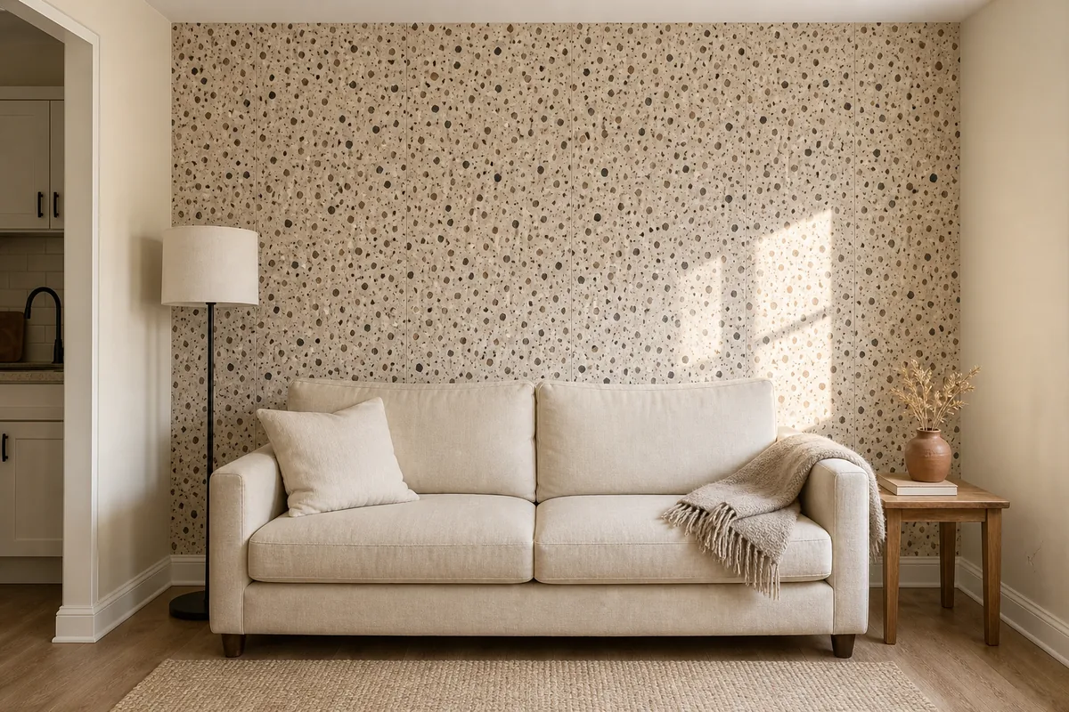 Small US apartment living room with the wall behind the sofa papered in walnut and cream abstract dot terrazzo wallpaper, low-profile cream linen sofa with one neutral throw pillow, plain matte-black floor lamp on left, walnut side table on right with terracotta vase