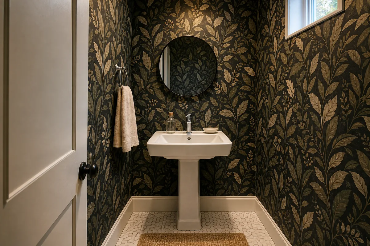 Small US apartment powder room with all 3 visible walls papered in bold dark sage and black botanical leaf wallpaper, white pedestal sink with chrome single-handle faucet, plain round mirror with thin matte-black frame, white hex tile floor with seagrass mat