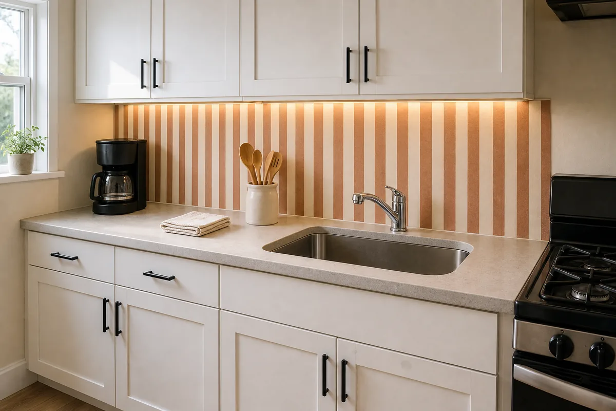 Small US apartment kitchen with cream and terracotta vertical stripe peel-and-stick wallpaper applied to the backsplash strip between the counter and upper white shaker cabinets, drip coffee maker on counter, ceramic crock with wooden utensils, chrome single-handle faucet, warm under-cabinet light glowing