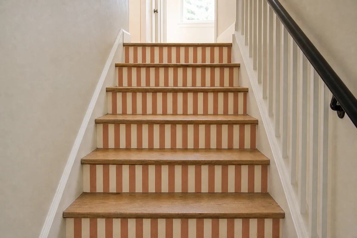 US apartment staircase viewed from below looking up, each of six visible stair risers covered with cream and terracotta vertical stripe peel-and-stick wallpaper, wood treads visibly plain natural finish, matte-black handrail, plain white side walls