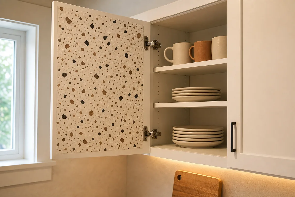 Open kitchen upper cabinet door at 110 degrees revealing the inside face fully papered in walnut and cream large terrazzo dot pattern, plain ceramic plates and mugs stacked on shelves behind, warm under-cabinet light glowing on the patterned interior