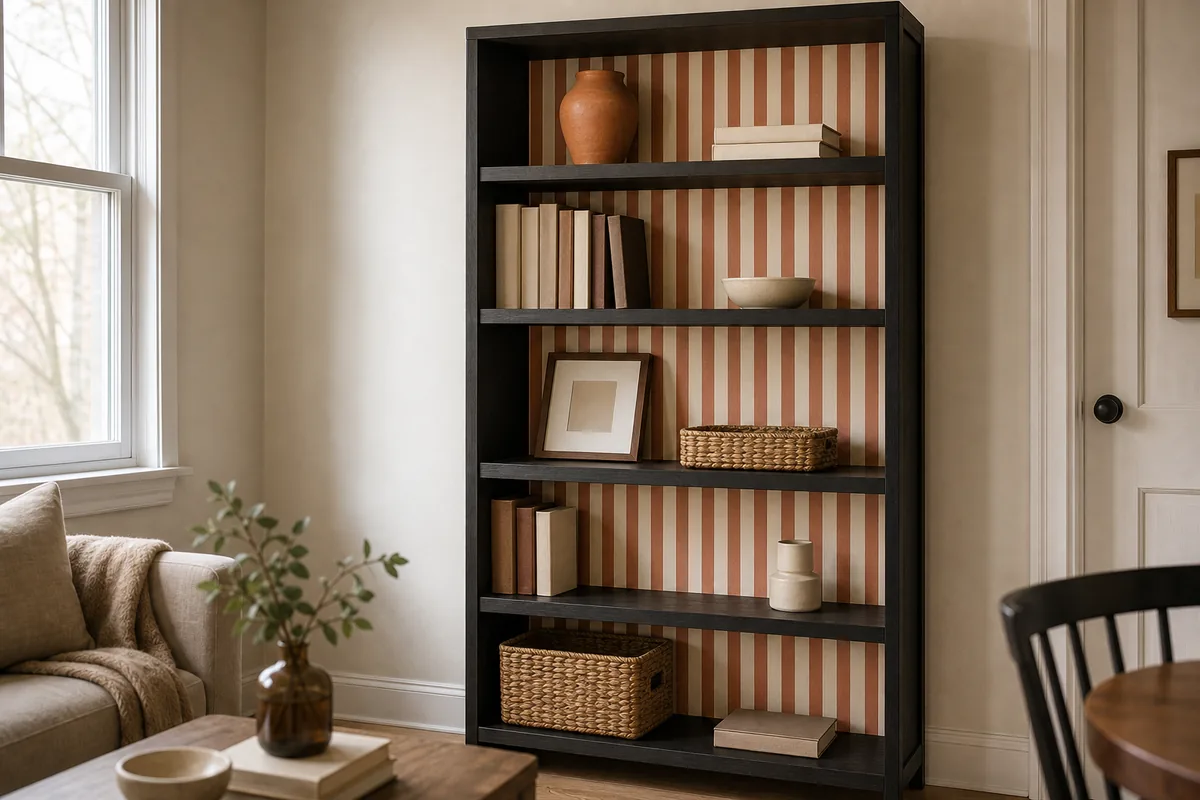 Tall matte-black open bookcase with cream and terracotta vertical stripe peel-and-stick wallpaper on the back panel, shelves layered with neutral hardcover books with solid-color spines, terracotta ceramic vase, walnut-framed art piece, and woven seagrass basket, living room context with sofa corner visible