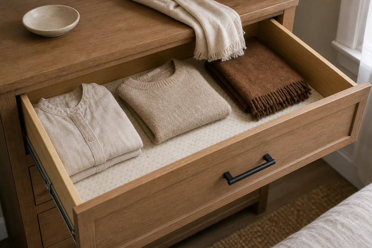 Open dresser drawer with subtle cream-on-cream texture wallpaper lining the bottom interior, neatly folded cream linen and oat wool clothes on top, walnut wool throw draped over edge, plain natural-wood dresser body with matte-black bar pull