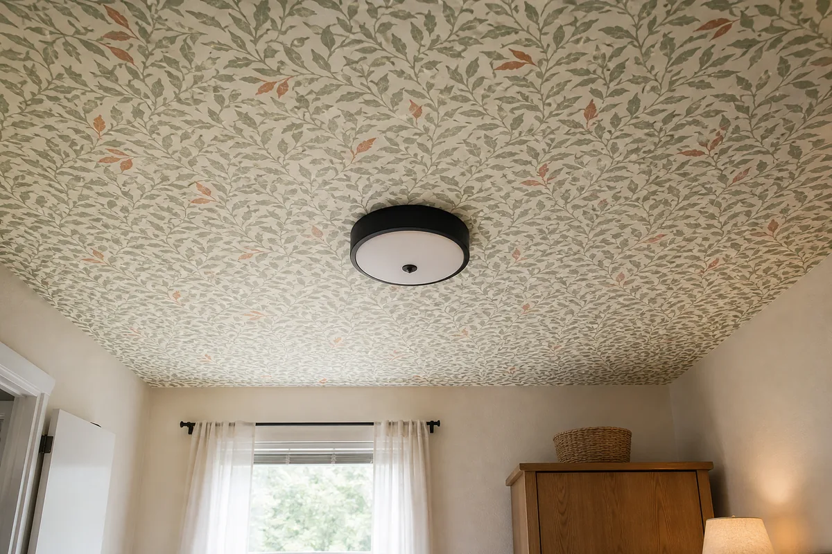 Bottom-up wide bedroom view looking up at the ceiling fully covered in muted sage and cream botanical leaf peel-and-stick wallpaper, plain matte-black flush-mount ceiling fixture centered, tops of cream-painted walls visible at frame bottom, hint of window and dresser corner