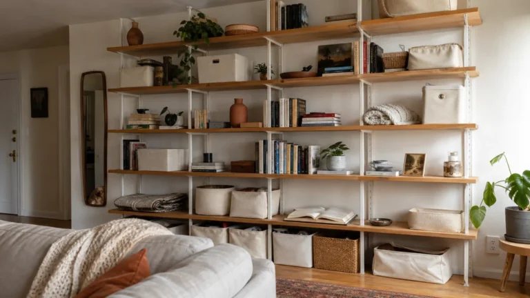 A small apartment living wall with floor-to-ceiling open shelving holding mixed fabric bins, books, a small plant, and folded throws; a soft linen sofa corner anchors the frame in warm daylight