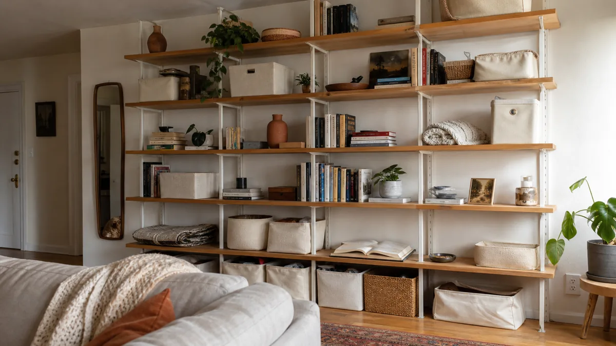 A small apartment living wall with floor-to-ceiling open shelving holding mixed fabric bins, books, a small plant, and folded throws; a soft linen sofa corner anchors the frame in warm daylight