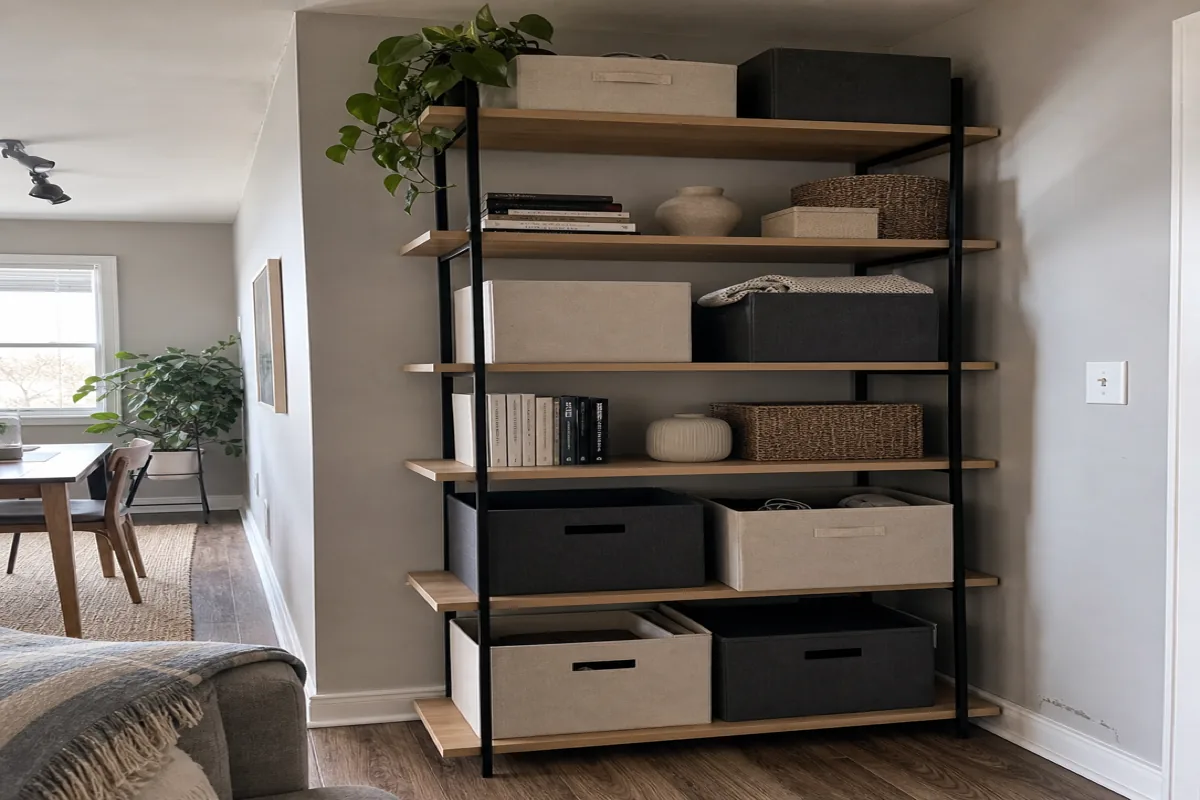 A tall apartment wall holding a floor-to-ceiling shelving system in black metal and natural wood, four cubes lined with charcoal fabric bins on lower shelves, a few stacked books and a small ceramic vase mid-height, with a soft view into the dining area