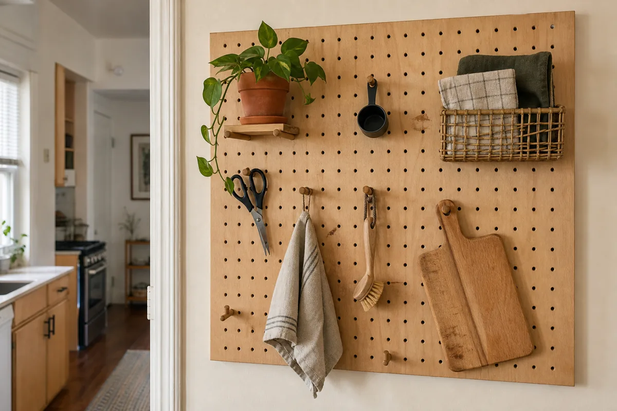 A natural pine pegboard covering a narrow kitchen-adjacent wall, hung with a small leafy plant in a clay pot, a black wire basket, scissors, a wooden cutting board, and a kitchen towel; a slice of the kitchen and a runner rug visible at the edges
