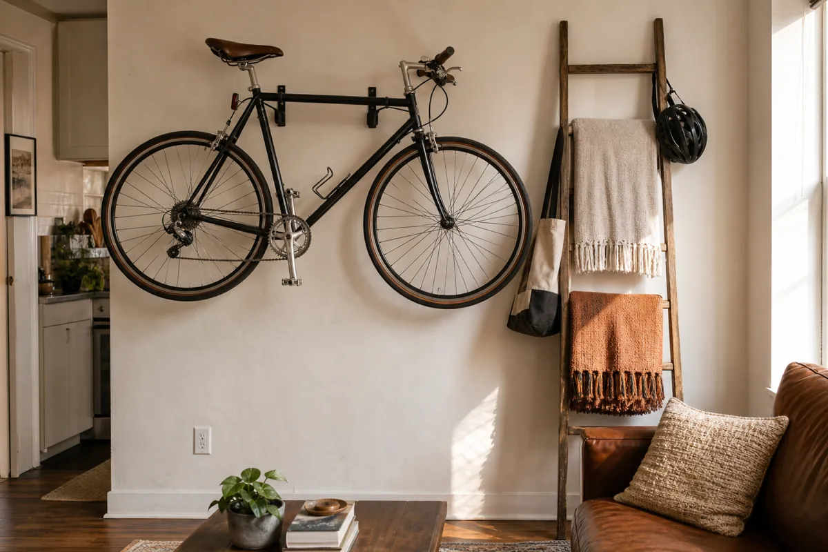 A bike wall-mounted horizontally with a leather saddle facing out, next to a slim wooden leaning ladder draped with two folded throws, a helmet hanging from one rung, and a tote bag on another; a chair corner and a small coffee table visible below