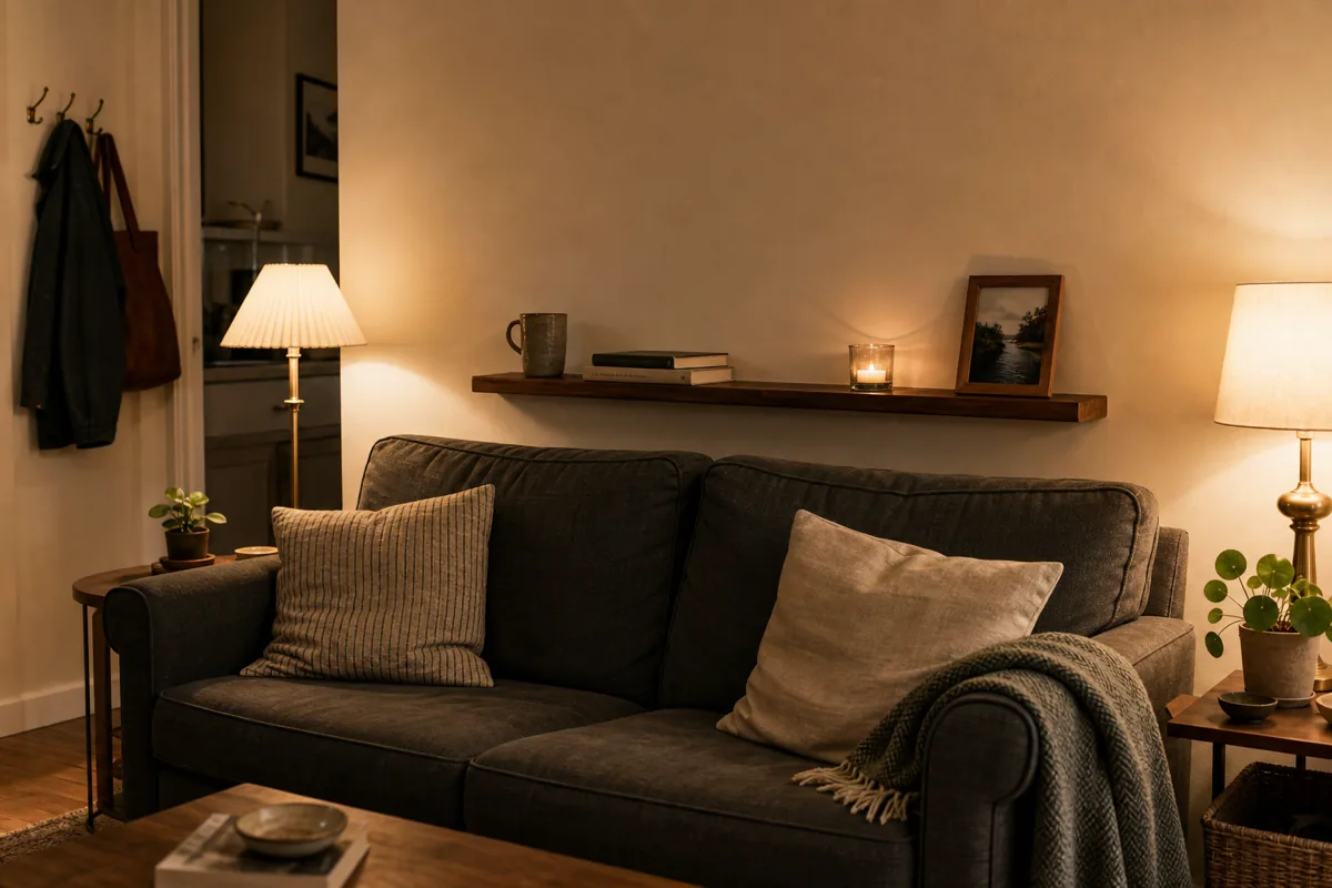 A dark green linen sofa against a warm cream wall in an evening apartment scene, a narrow walnut wall shelf above the sofa holding two books, a small ceramic mug, a tea light in a glass holder, and a small framed photo; two warm table lamps glowing on either side