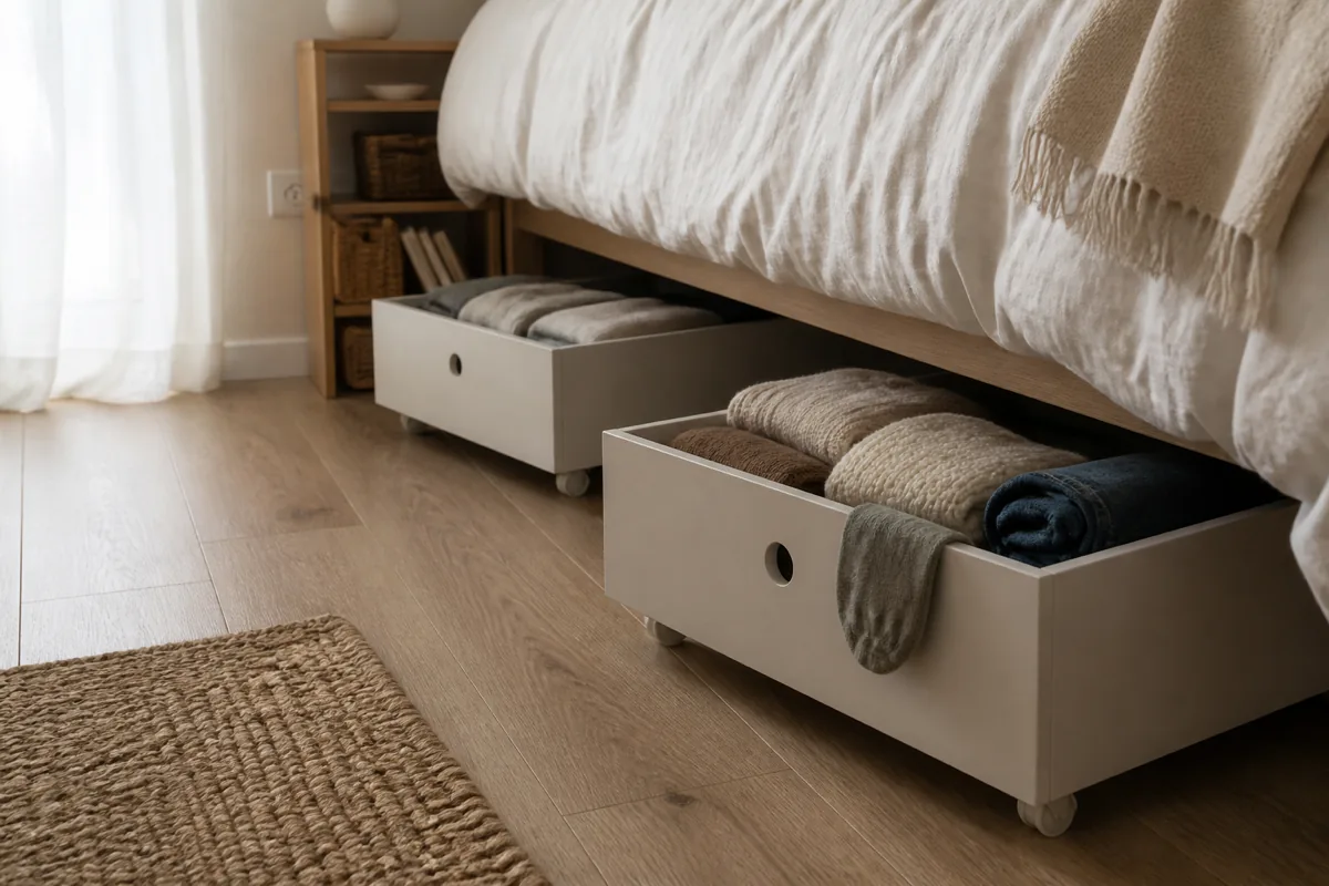 A low-angle bedroom floor view showing two matte white rolling storage bins partially pulled out from under a raised platform bed, folded sweaters and one rolled pair of jeans visible inside, a jute rug edge in the foreground, soft morning light from a sheer curtain