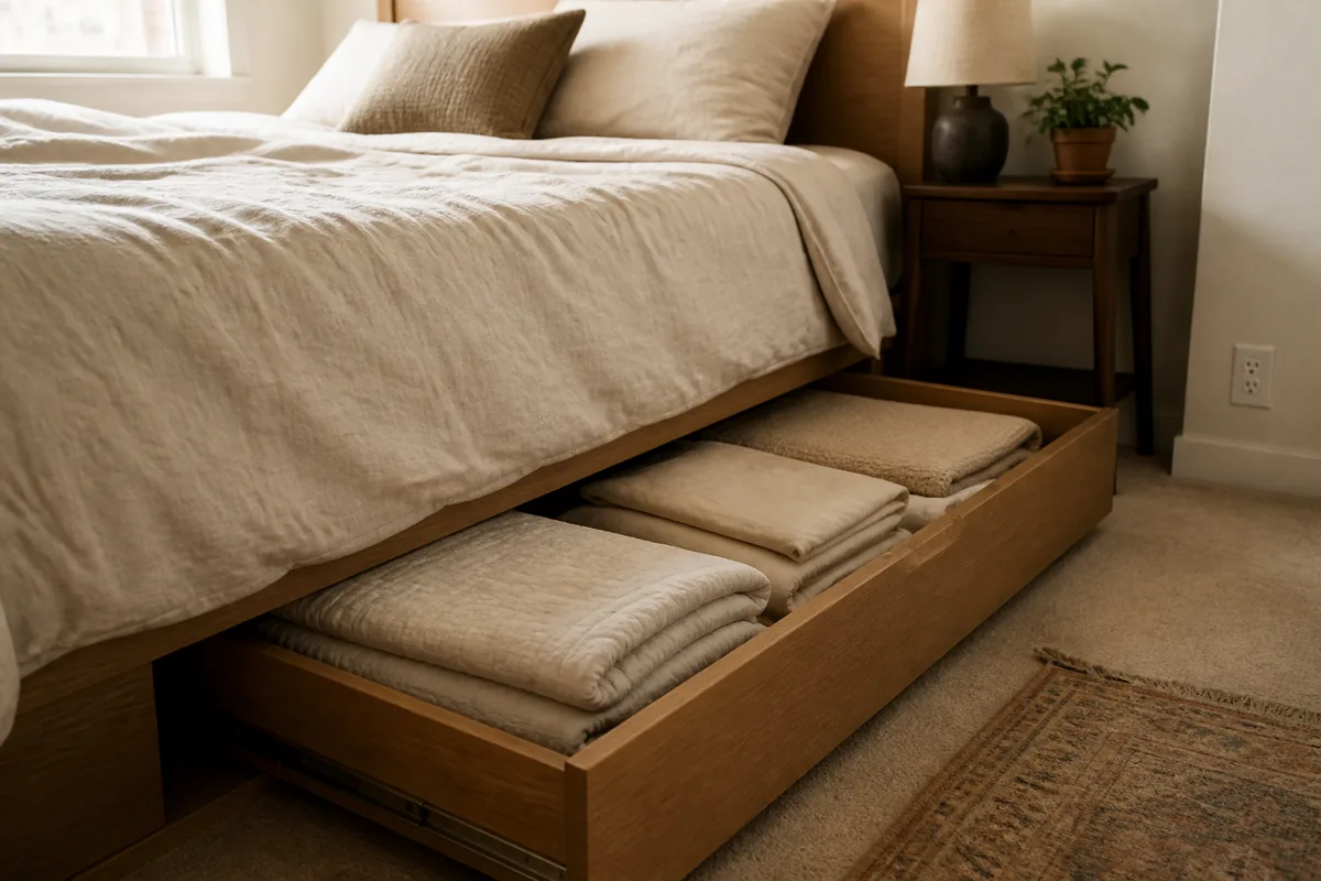 A side-angle bedroom shot of a long wooden underbed drawer pulled half open, holding neatly folded warm-beige bedding — a quilt, two folded pillowcases, and a blanket — natural wood headboard partly visible above