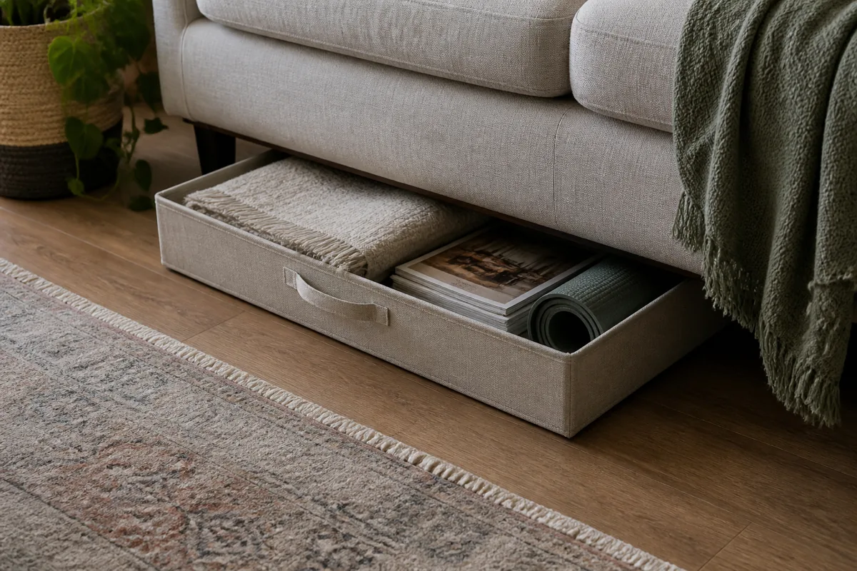 A floor-level apartment living room shot showing one shallow fabric storage bin half pulled out from under a cream linen sofa edge, holding a wool throw, a stack of magazines, and one rolled yoga mat; a sage green throw drapes over the sofa, a soft area rug fills the foreground