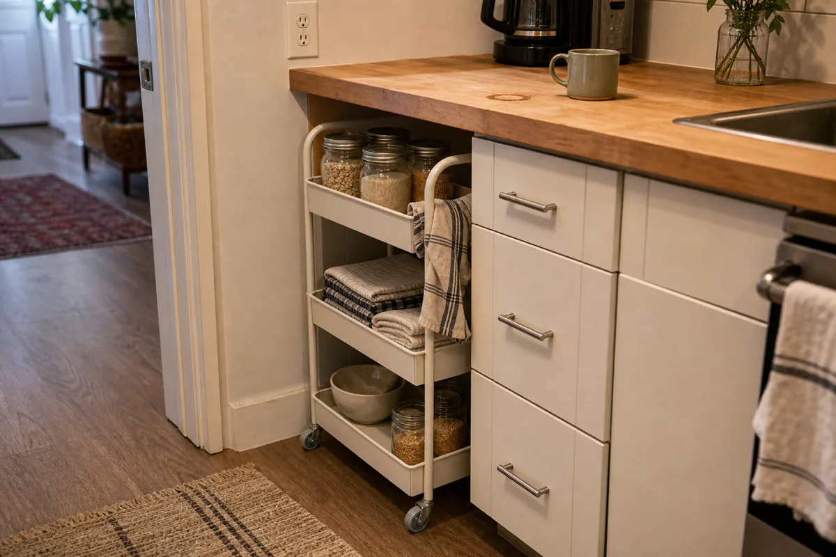 A small apartment kitchen showing a slim three-tier rolling cart slotted under the kitchen counter overhang, holding unlabeled glass jars of dry goods, folded dish towels, and a small mixing bowl, with a butcher-block counter visible above and a kettle in the background