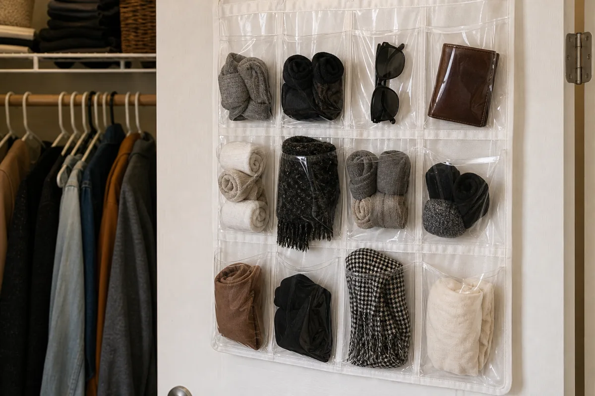 The inside of an apartment closet door fitted with a clear vinyl pocket organizer holding rolled socks, folded scarves, sunglasses, a leather wallet, and small items across twelve pockets; coats visible at the side
