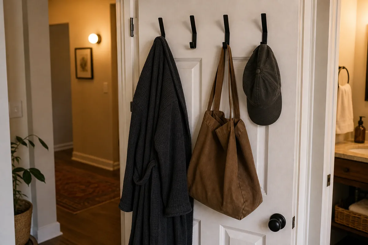 The back of an apartment bedroom door holding four sturdy matte black hooks vertically arranged, with a charcoal robe, a soft brown tote bag, and a wool cap hung; warm evening hallway light spilling in from the side