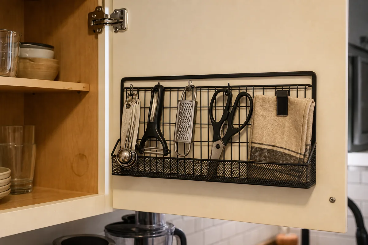 The inside of an open apartment kitchen cabinet door fitted with a mounted black wire-mesh organizer holding measuring spoons, a peeler, a small grater, scissors, and a folded cloth napkin; clear glasses visible on the shelves at the side