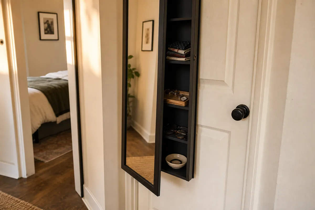 A hallway view of a tall slim mirror mounted on an apartment door, the mirror tilted open on a hinge revealing a slim shelf behind it holding folded items, a small jewelry tray, and reading glasses; a bedroom visible through the doorway beyond