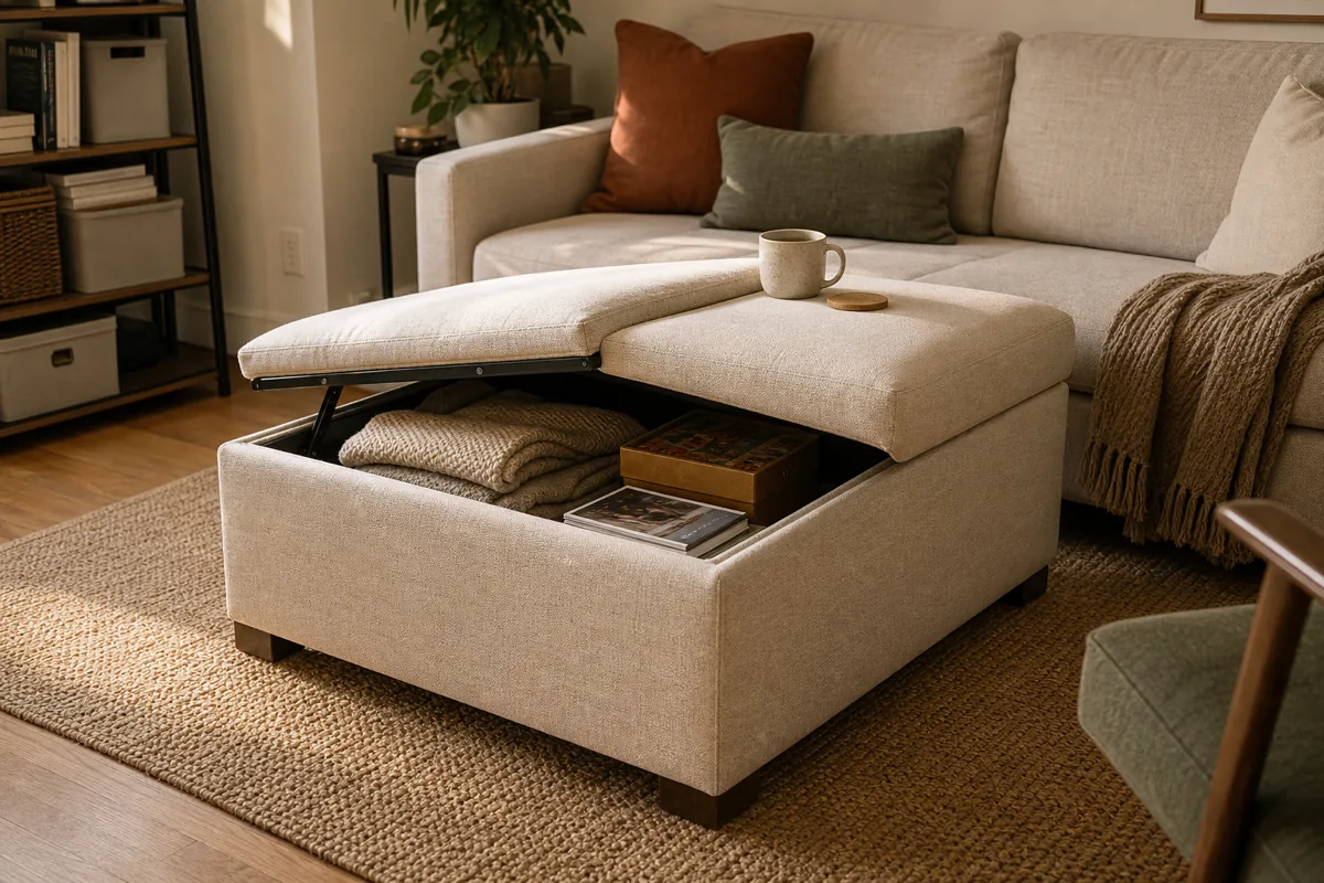 A small apartment living room with a large upholstered storage ottoman positioned in front of a linen sofa as a coffee table; the hinged lid is lifted halfway, revealing folded throw blankets, a board game box, and a stack of magazines inside; a mug and coaster sit on the closed portion of the lid