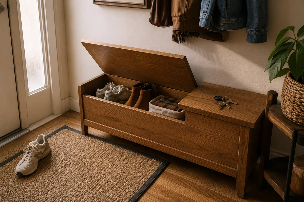 An apartment entryway with a narrow oak bench, the hinged lid lifted to reveal two pairs of shoes, a folded scarf, and a fabric pouch inside; a pair of sneakers sits on the jute mat outside the bench, a coat is visible hanging on the wall