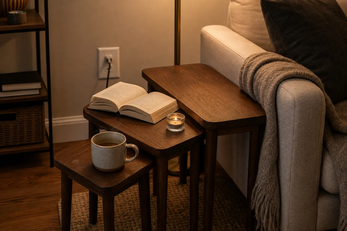 An apartment living corner at dusk with a set of three walnut nesting tables fanned out at varied heights — the smallest holding a mug, the middle holding an open paperback book and a tealight, the largest tucked partially under the sofa edge; warm lamp light glowing