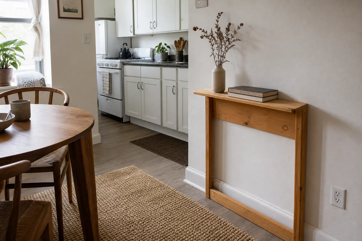 A small apartment kitchen-dining area in morning light, a wooden drop-leaf table folded flat against the wall showing only the slim shelf-like base, holding one small ceramic vase with dried branches and two cookbooks; the kitchen and a round dining table visible at the edges