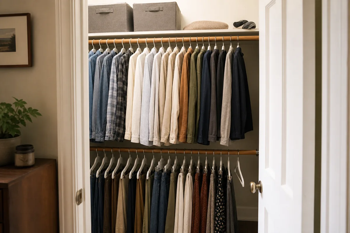 Looking into an apartment closet with a double-rod hanging system installed at two heights — upper rod with folded shirts on white hangers, lower rod with hung pants and skirts, a top shelf above holding two fabric bins and a folded sweater; warm wood rod, cream interior walls