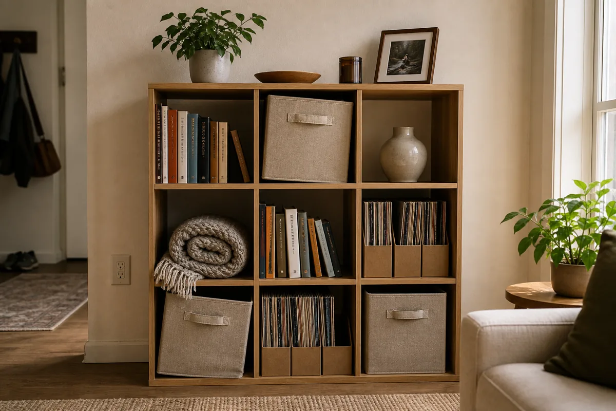 A natural wood 3x3 cube storage unit in a small apartment, cubes holding a mix of standing books, two closed cream fabric bins, a stoneware vase, three boxed records, and a small framed photo turned at an angle; warm afternoon side light, a sofa edge visible