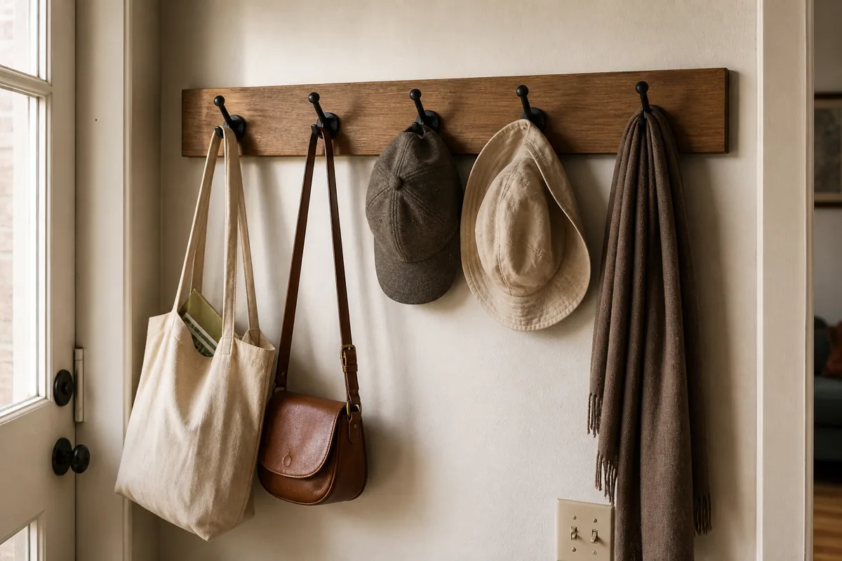 A close apartment entryway view of a horizontal wooden plank mounted with five matte black hooks evenly spaced, holding a canvas tote, a brown leather crossbody, a wool cap, a soft brim sun hat, and one scarf draped at the end; soft morning light from a nearby door