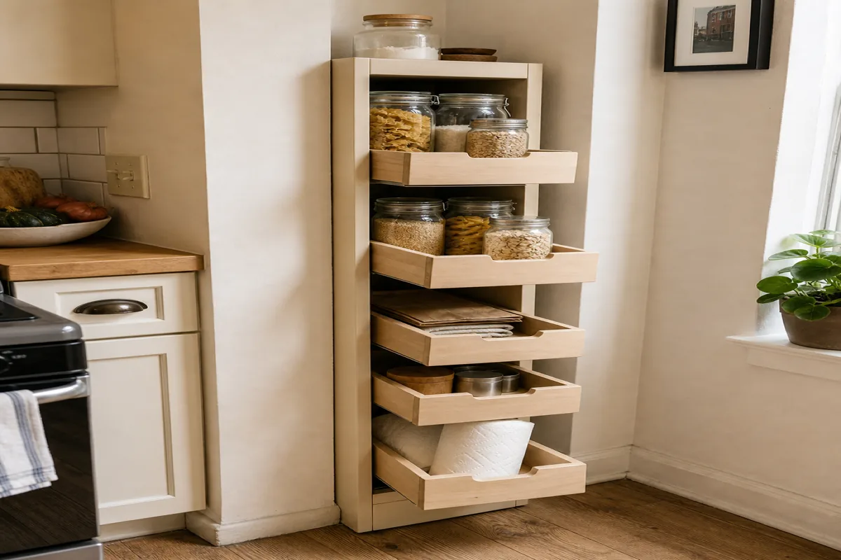 A narrow wooden pantry tower in an apartment kitchen corner, pull-out drawers at varied heights showing glass jars of pasta and rice, a stack of folded paper bags, two small spice tins, and a packet of paper towels; cream cabinet exterior, warm kitchen light