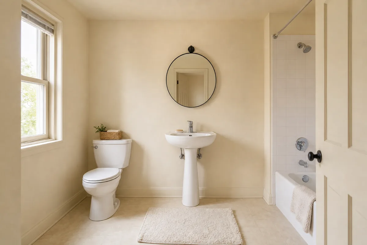 A small US apartment bathroom with seamless cream paint on all walls, ceiling and trim with no contrast breaks, soft direct daylight from a small window