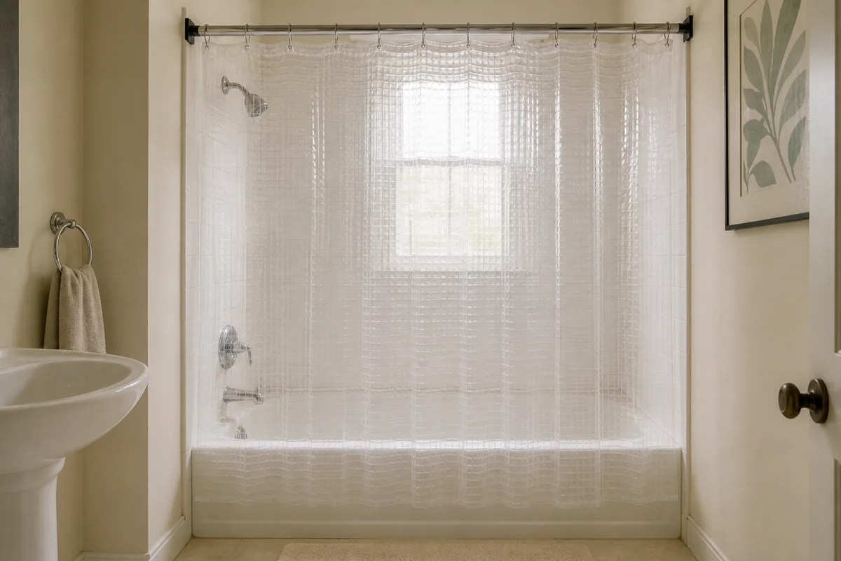 A small US apartment bathroom with a clear waffle-weave shower curtain over a white tub, tub interior visible behind the curtain, light from window beyond