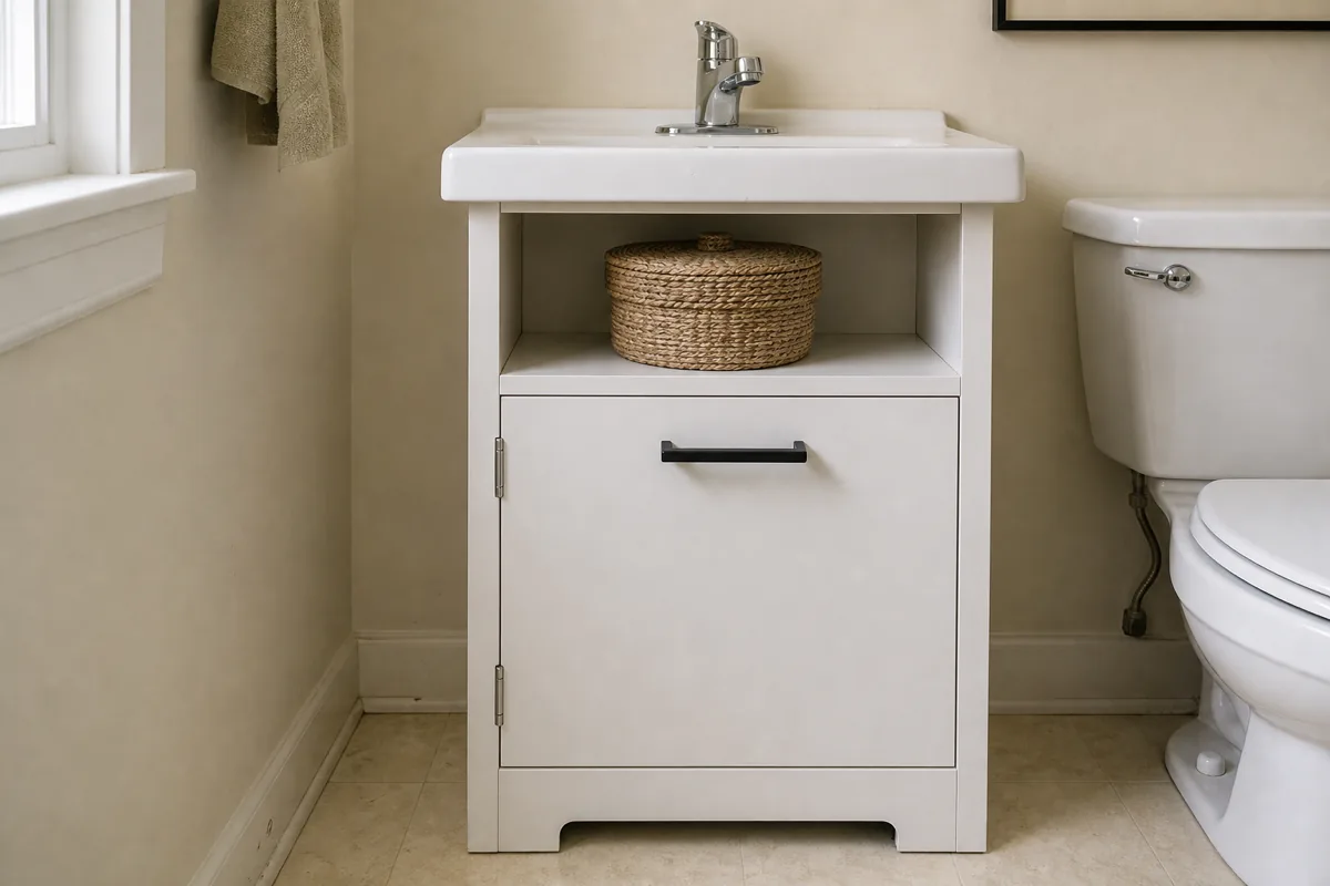 A small US apartment bathroom under-sink area with the cabinet door closed and a single small woven basket on top of the cabinet for overflow items