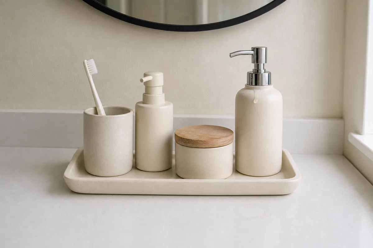 A small US apartment bathroom counter with a small ceramic tray holding exactly four daily items grouped together, surrounding counter clear