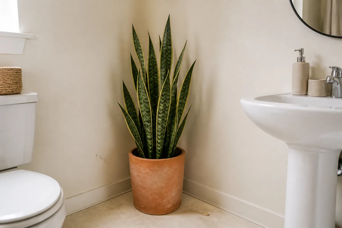 A small US apartment bathroom with a tall snake plant in a terra cotta planter standing in the corner, reaching about 4 feet tall, drawing the eye upward