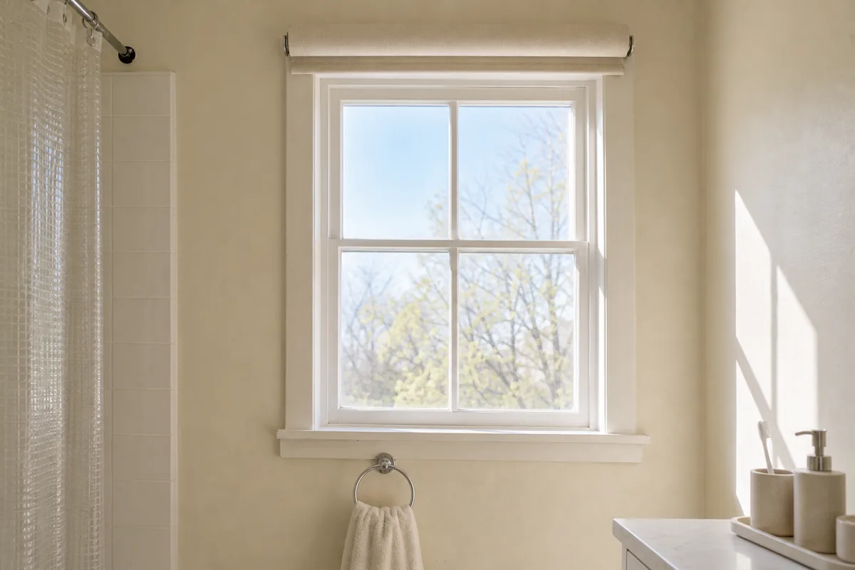 A small US apartment bathroom window with a simple cream linen-blend roller shade pulled up, soft direct daylight flooding the room