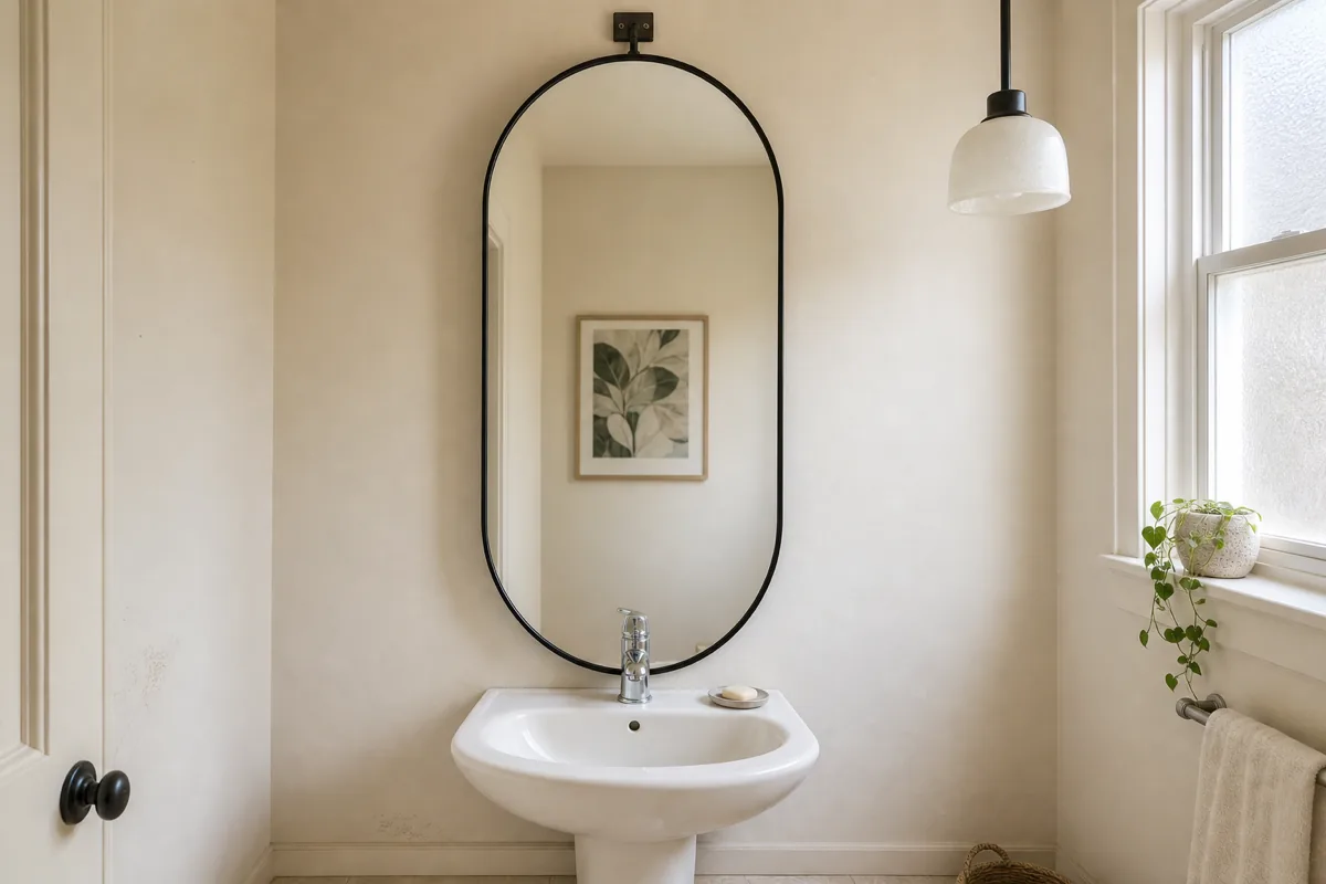 A small US apartment bathroom with a tall vertical oval mirror mounted over a white pedestal sink, reflecting the opposite cream wall, soft direct morning daylight