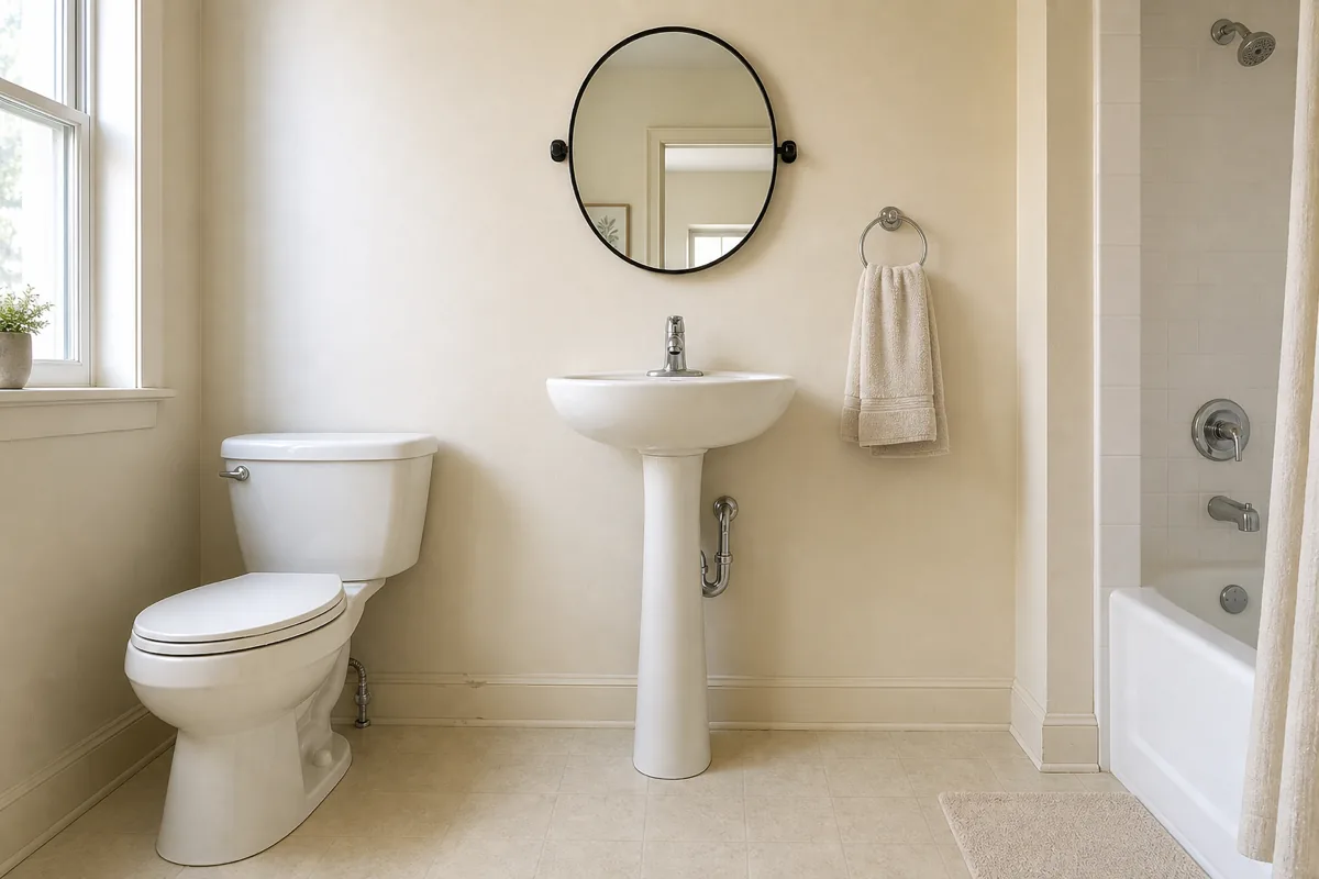 A small US apartment bathroom with a slim white pedestal sink and visible floor underneath, baseboard line continuous across the wall