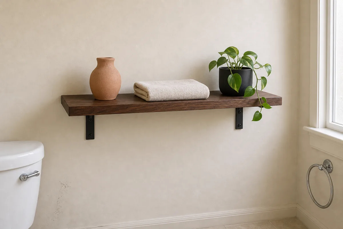 A single walnut floating shelf with matte black L-brackets mounted at eye height above a white toilet in a small US apartment bathroom, holding a small terra cotta vase, a folded white hand towel, and a small pothos plant in a matte black ceramic planter