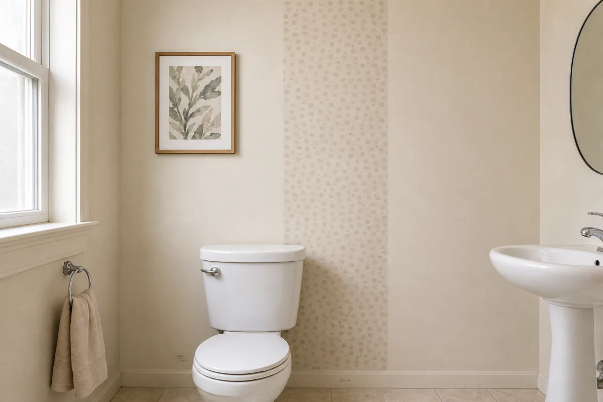 A small US apartment bathroom with a single narrow vertical stripe of subtle geometric peel-and-stick wallpaper on the wall behind the toilet, soft direct daylight