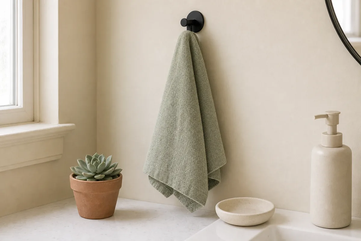A small US apartment bathroom with cream walls and one soft sage green linen towel hung on a hook beside a single small green plant on the counter